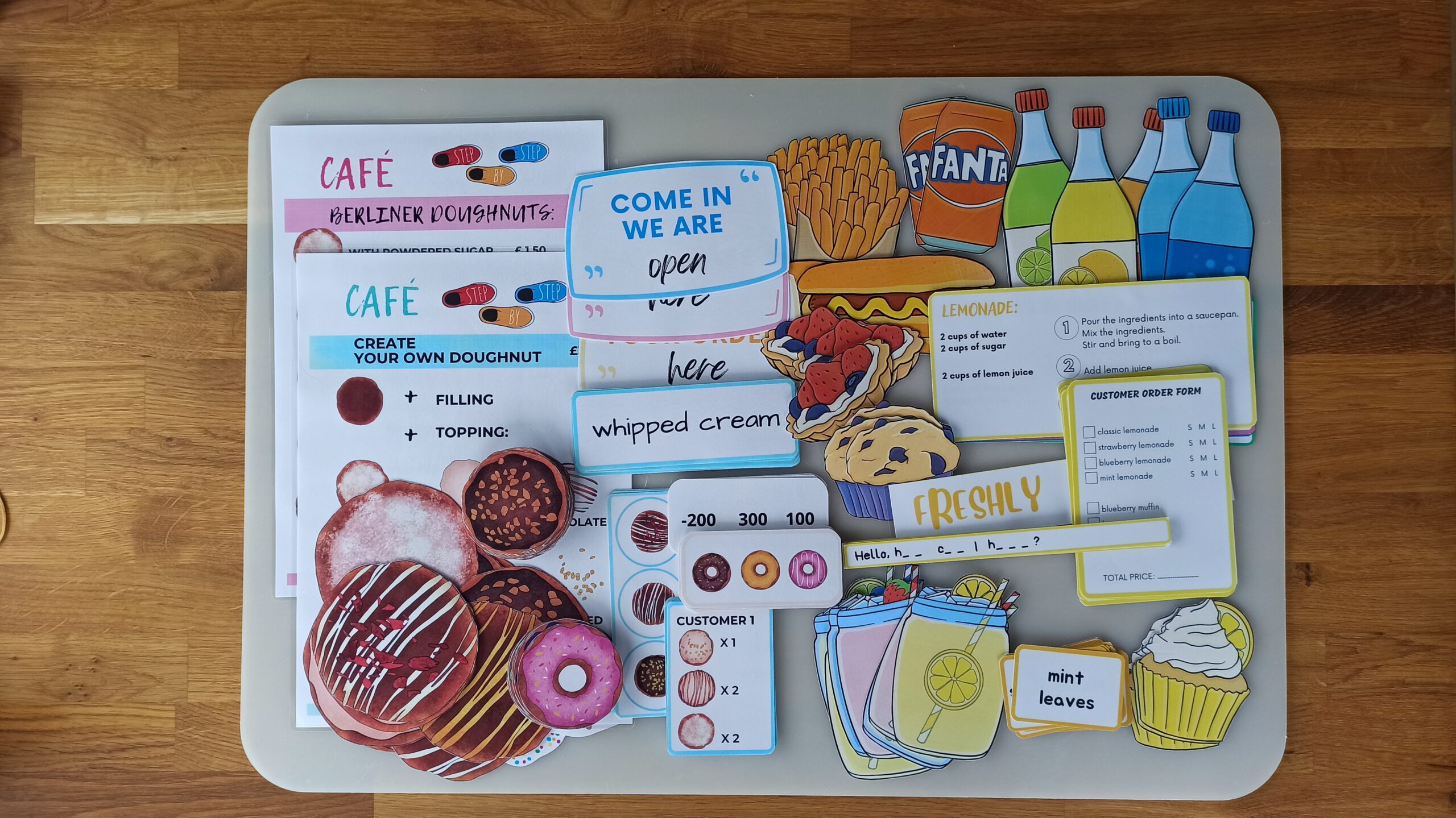  Materiały do odgrywania scenek w kawiarni – autorskie menu i grafiki.